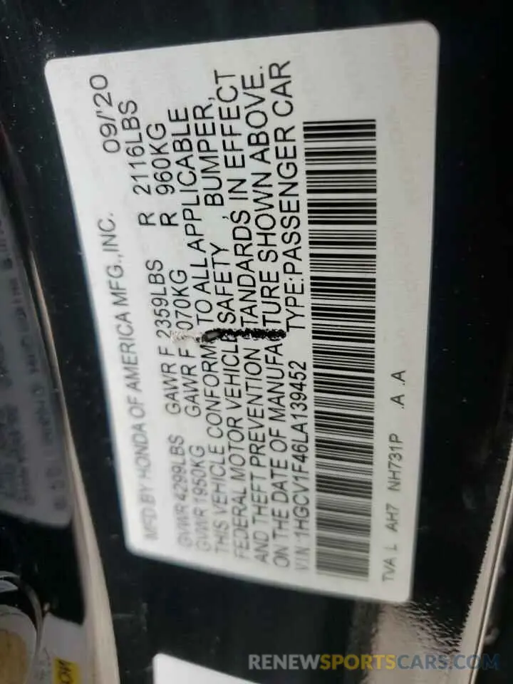 13 Photograph of a damaged car 1HGCV1F46LA139452 HONDA ACCORD 2020