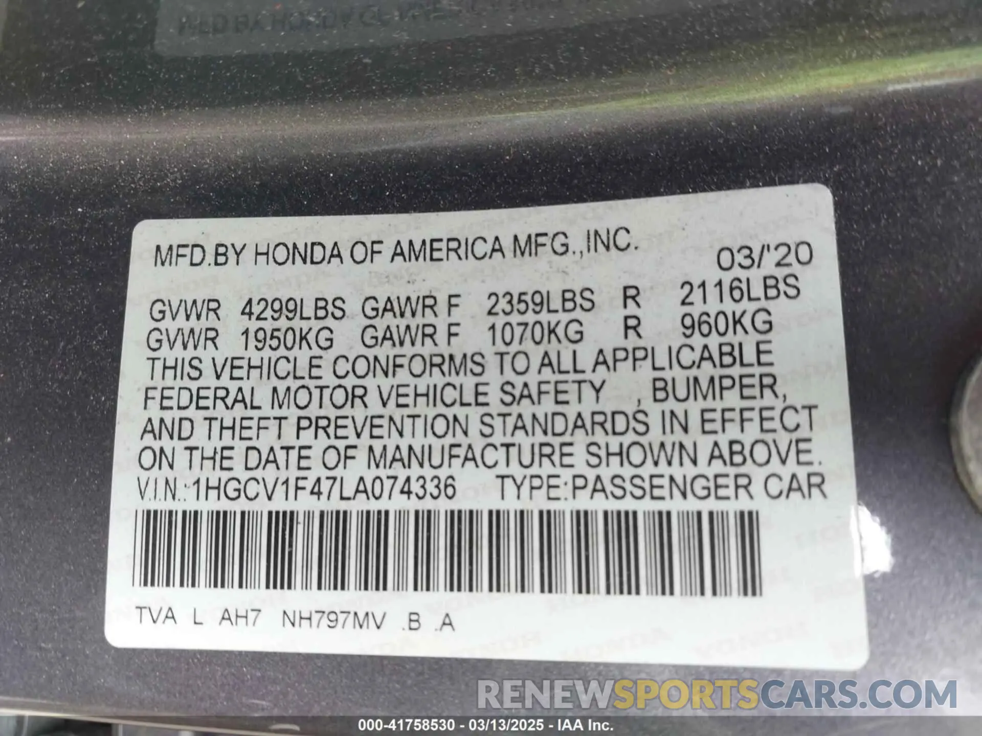 9 Photograph of a damaged car 1HGCV1F47LA074336 HONDA ACCORD 2020