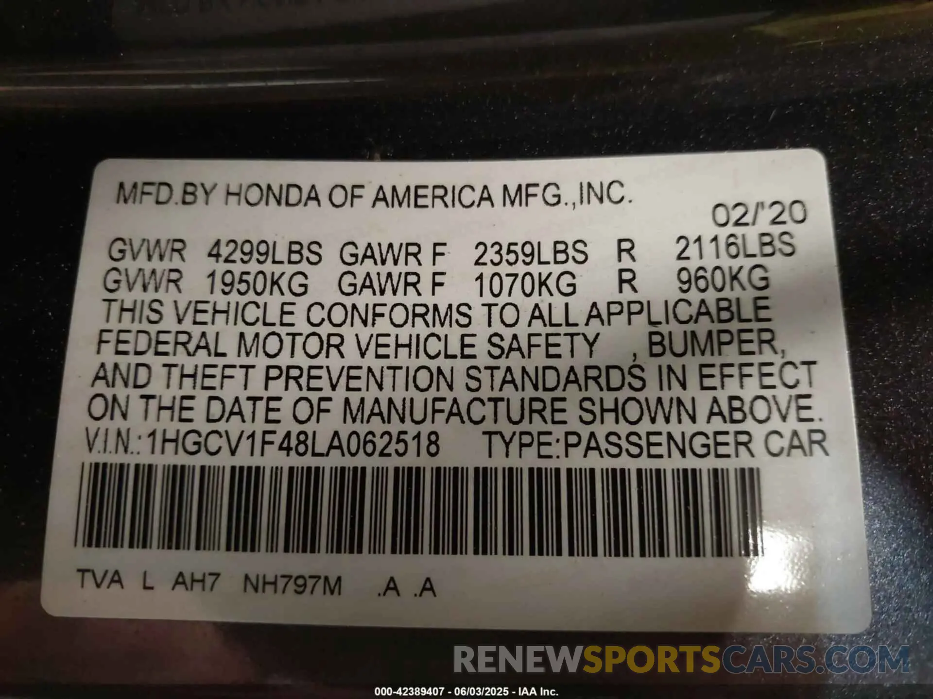 9 Photograph of a damaged car 1HGCV1F48LA062518 HONDA ACCORD 2020