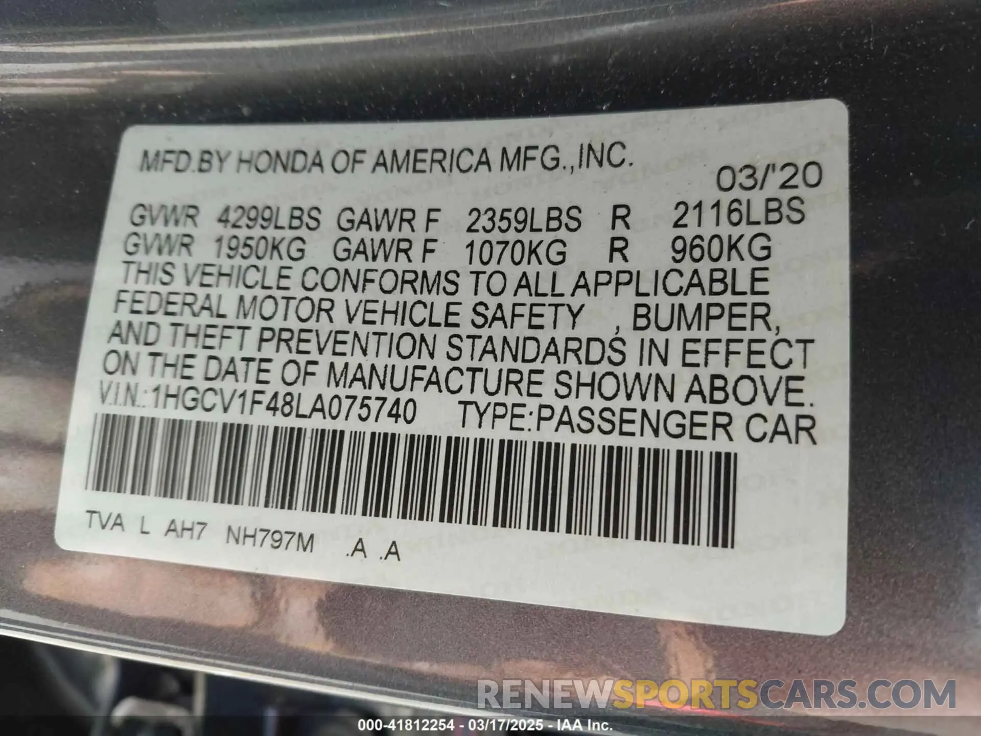 9 Photograph of a damaged car 1HGCV1F48LA075740 HONDA ACCORD 2020