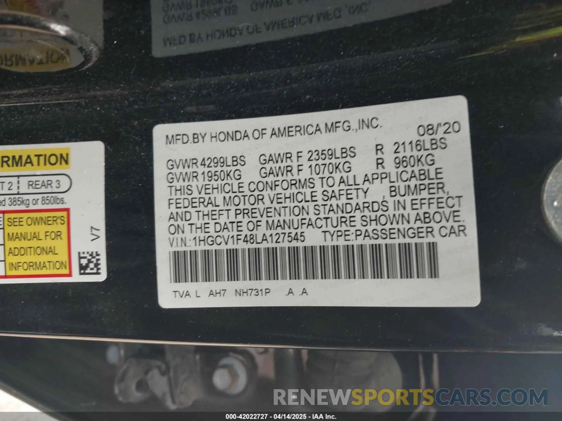 9 Photograph of a damaged car 1HGCV1F48LA127545 HONDA ACCORD 2020