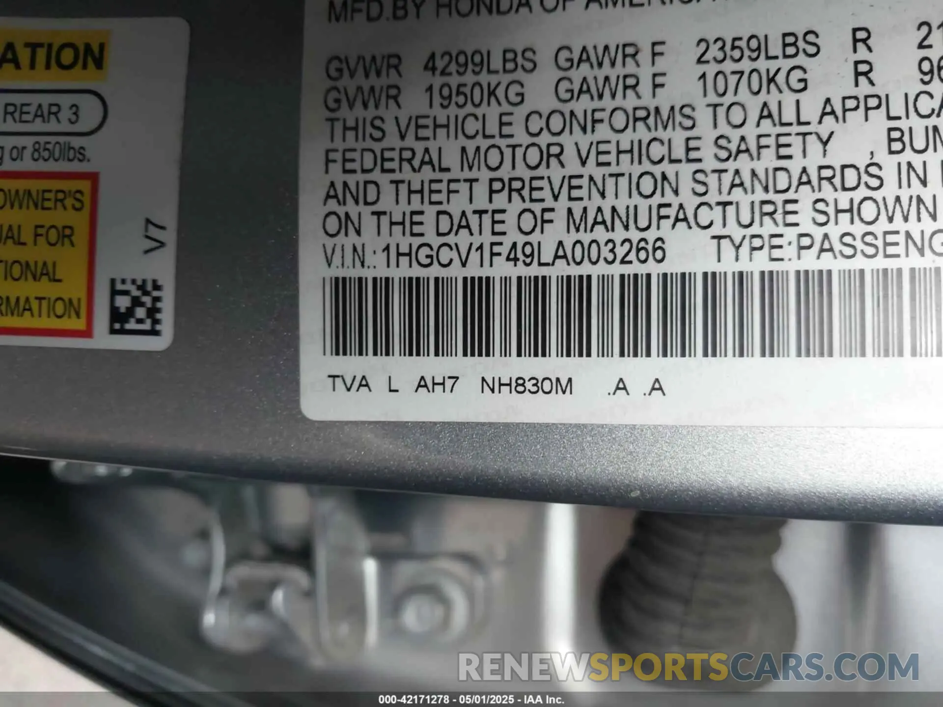 9 Photograph of a damaged car 1HGCV1F49LA003266 HONDA ACCORD 2020