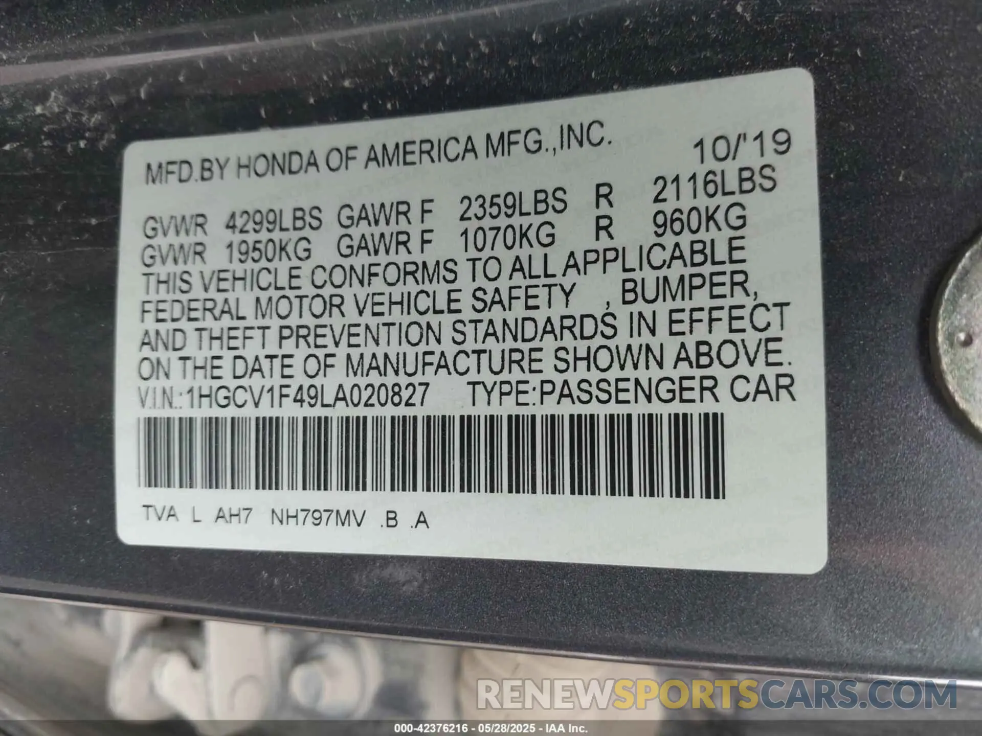 9 Photograph of a damaged car 1HGCV1F49LA020827 HONDA ACCORD 2020
