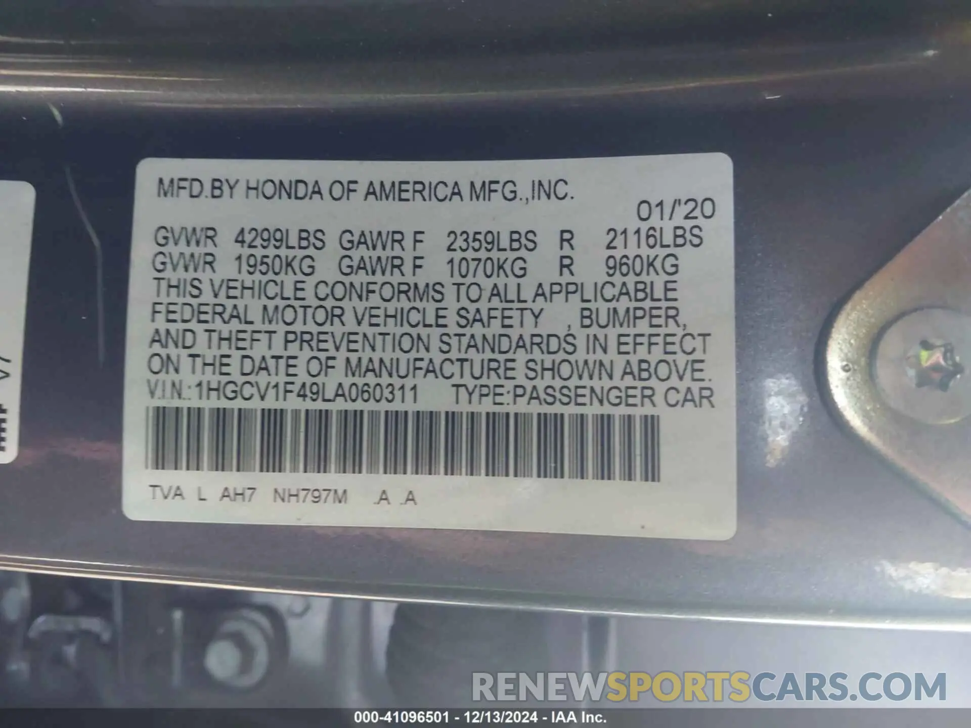 9 Photograph of a damaged car 1HGCV1F49LA060311 HONDA ACCORD 2020