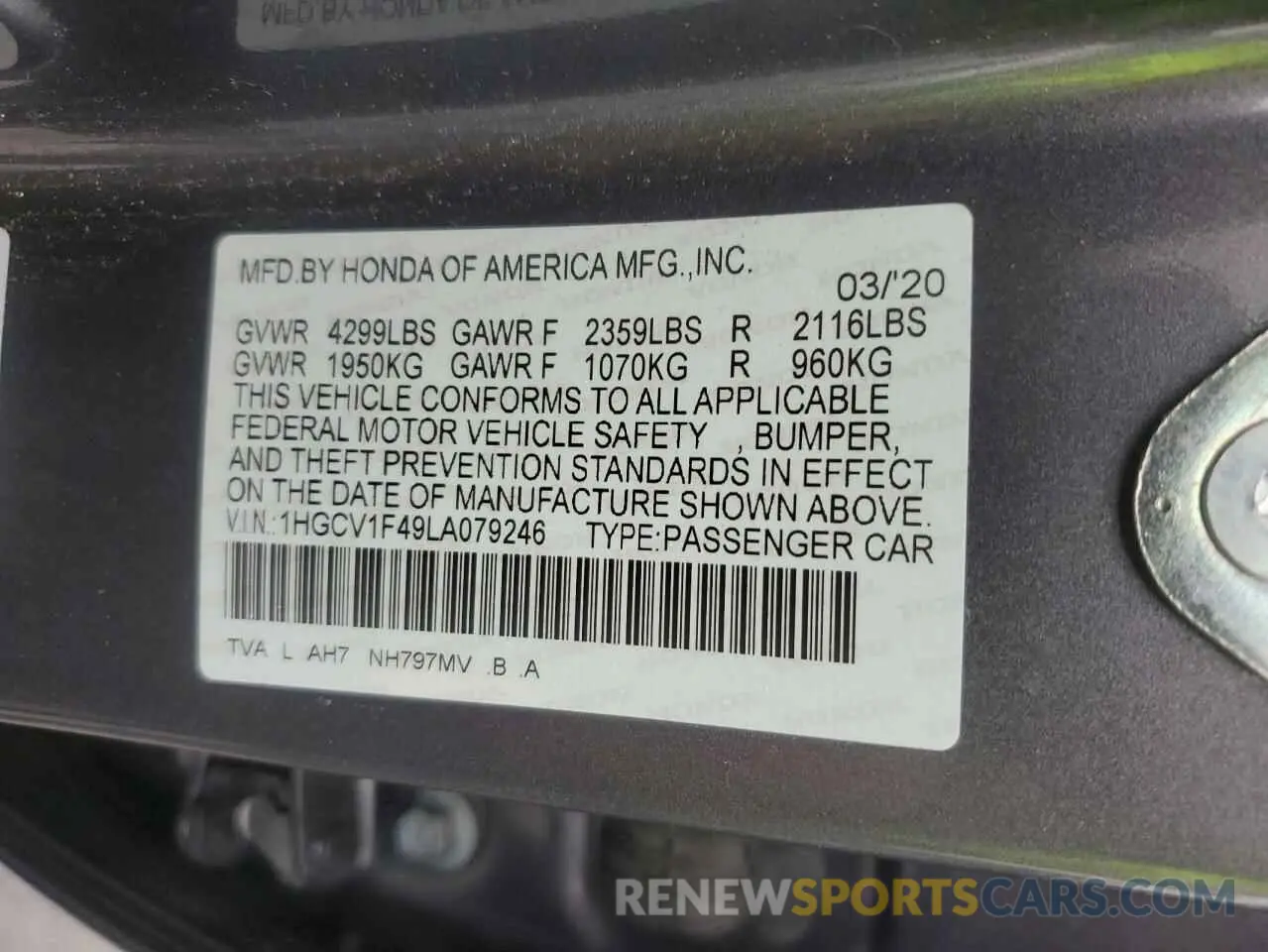 12 Photograph of a damaged car 1HGCV1F49LA079246 HONDA ACCORD 2020