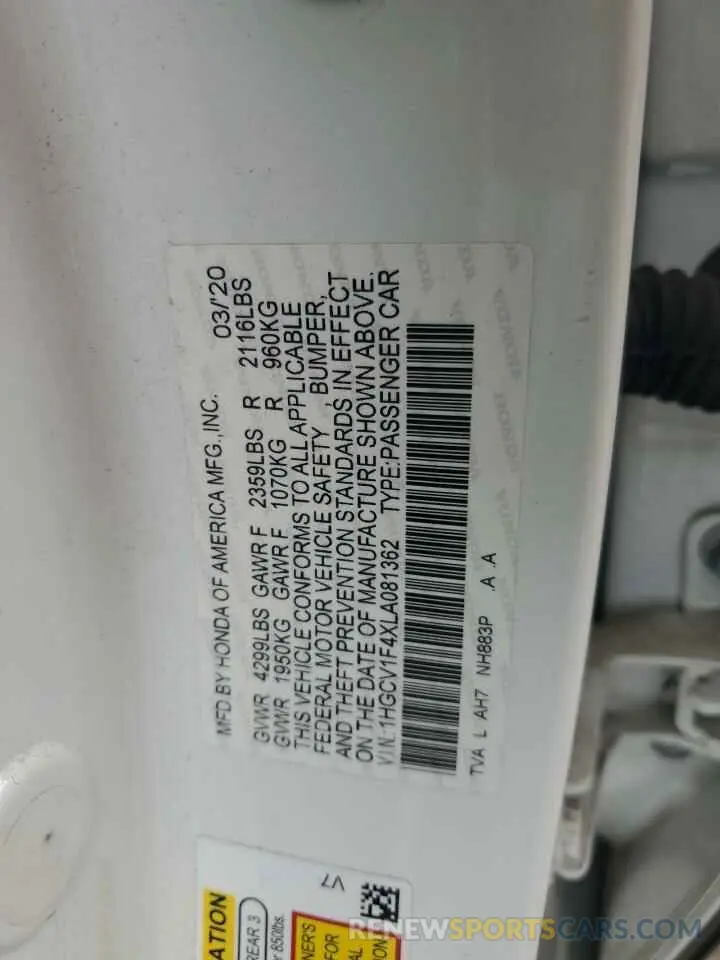 12 Photograph of a damaged car 1HGCV1F4XLA081362 HONDA ACCORD 2020