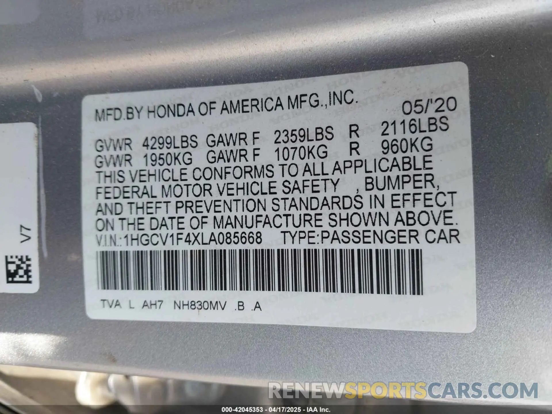 9 Photograph of a damaged car 1HGCV1F4XLA085668 HONDA ACCORD 2020