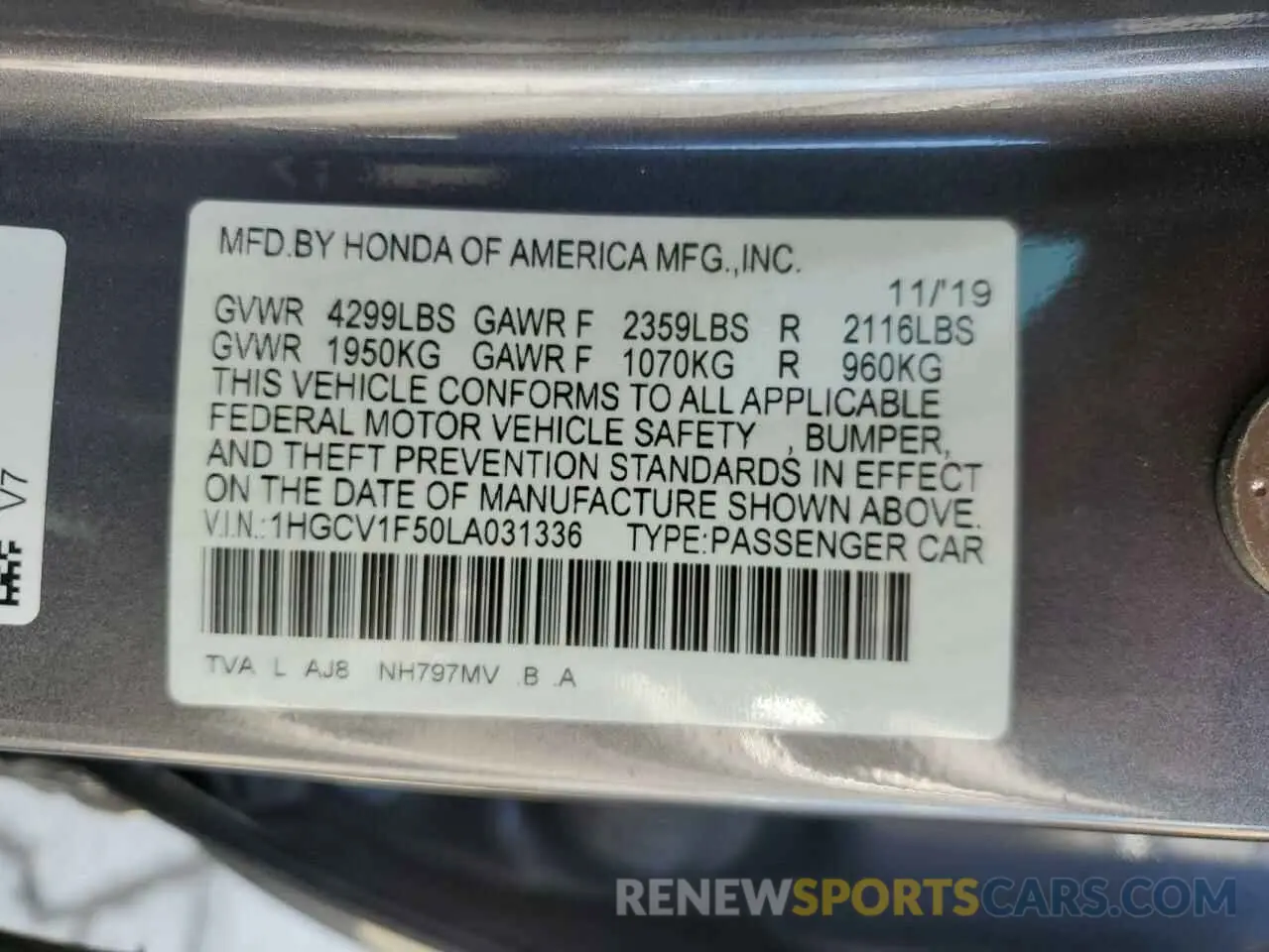 12 Photograph of a damaged car 1HGCV1F50LA031336 HONDA ACCORD 2020