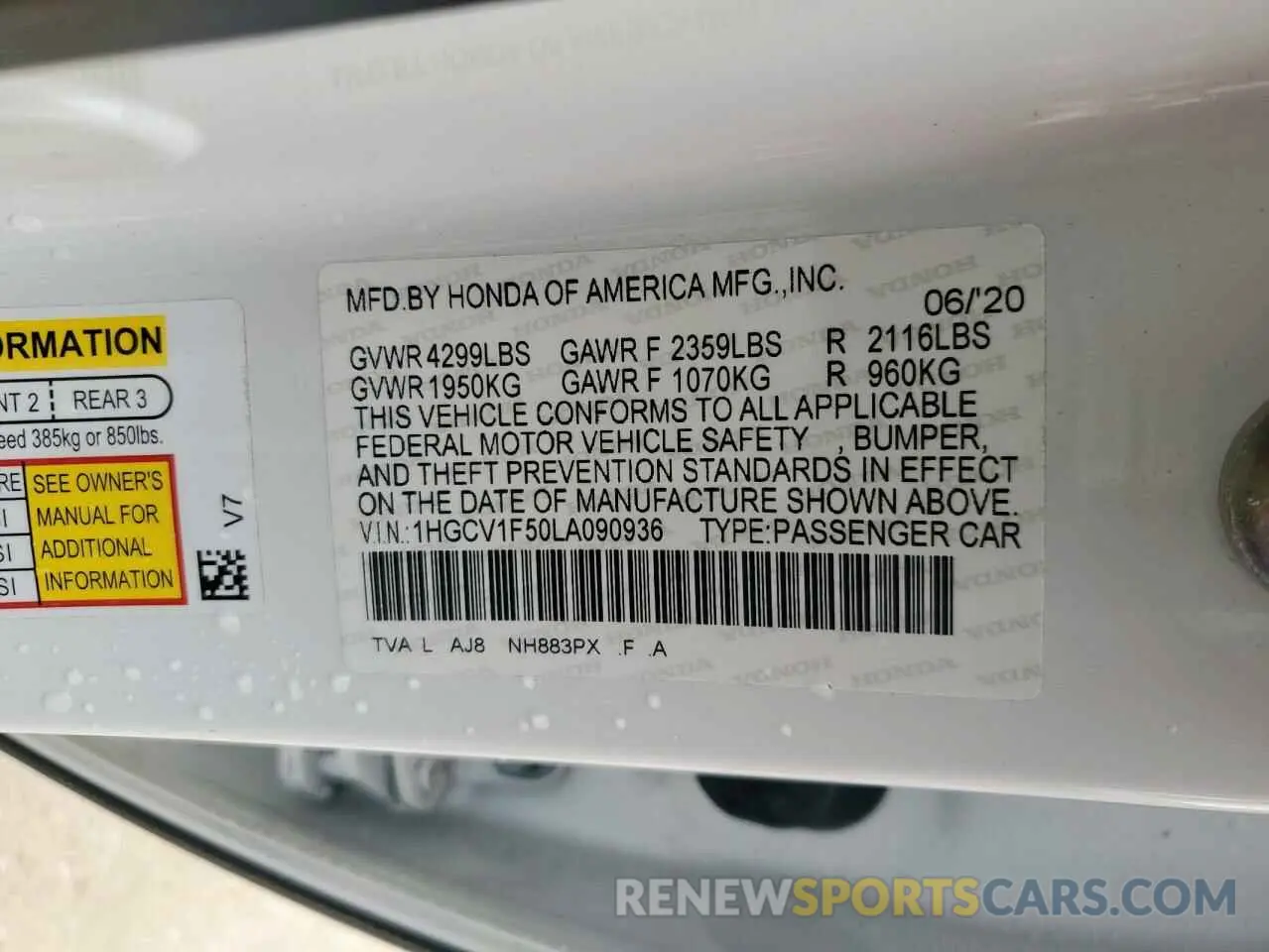 13 Photograph of a damaged car 1HGCV1F50LA090936 HONDA ACCORD 2020