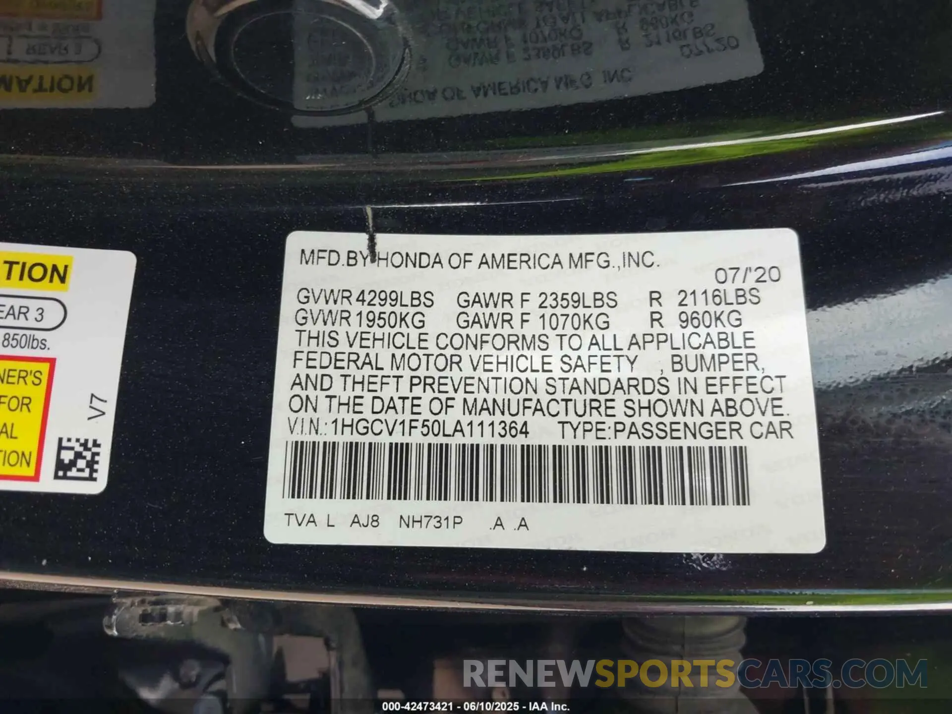 9 Photograph of a damaged car 1HGCV1F50LA111364 HONDA ACCORD 2020