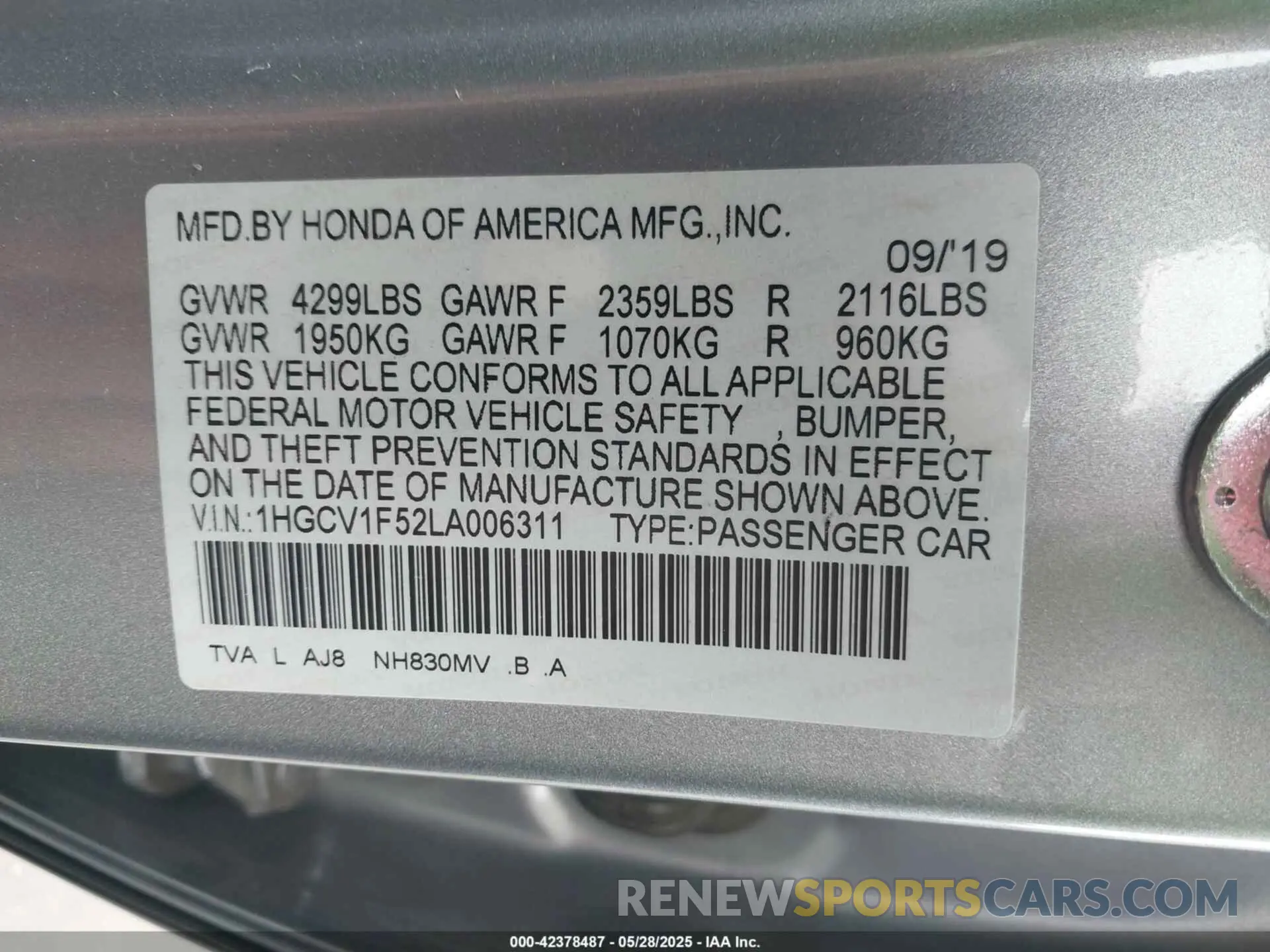 9 Photograph of a damaged car 1HGCV1F52LA006311 HONDA ACCORD 2020