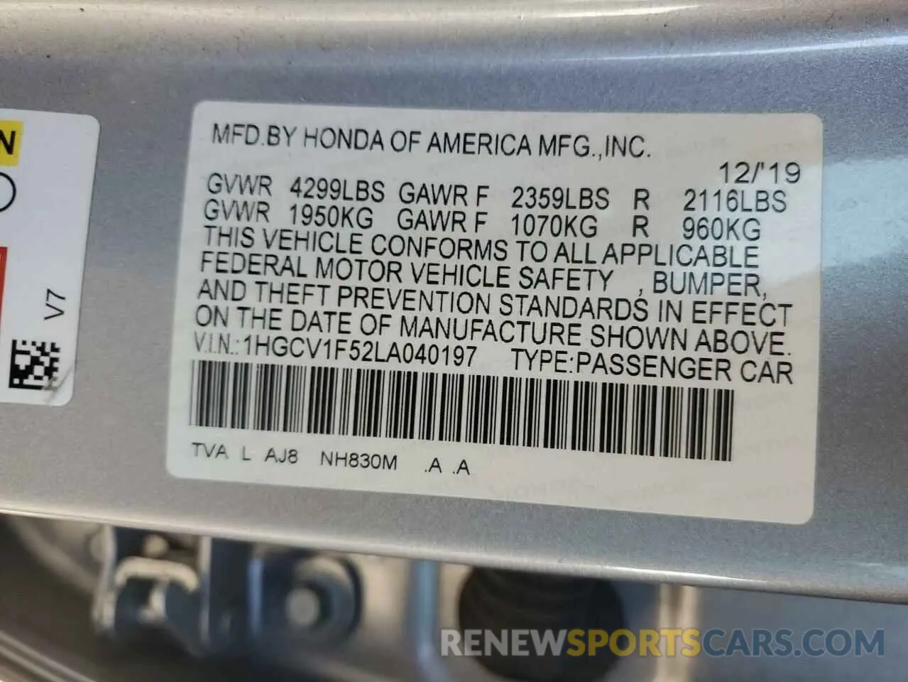 12 Photograph of a damaged car 1HGCV1F52LA040197 HONDA ACCORD 2020