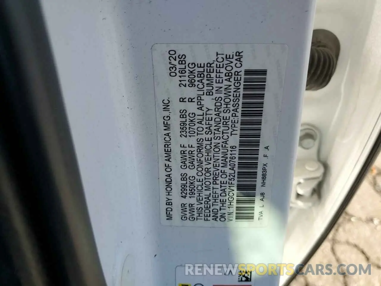 12 Photograph of a damaged car 1HGCV1F52LA076116 HONDA ACCORD 2020