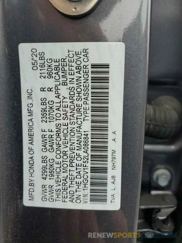 13 Photograph of a damaged car 1HGCV1F52LA086841 HONDA ACCORD 2020