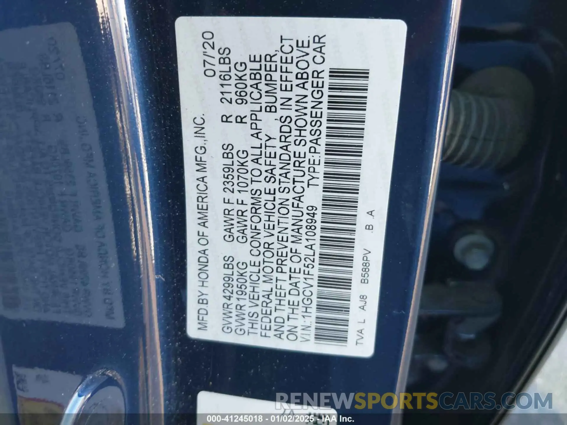 9 Photograph of a damaged car 1HGCV1F52LA108949 HONDA ACCORD 2020