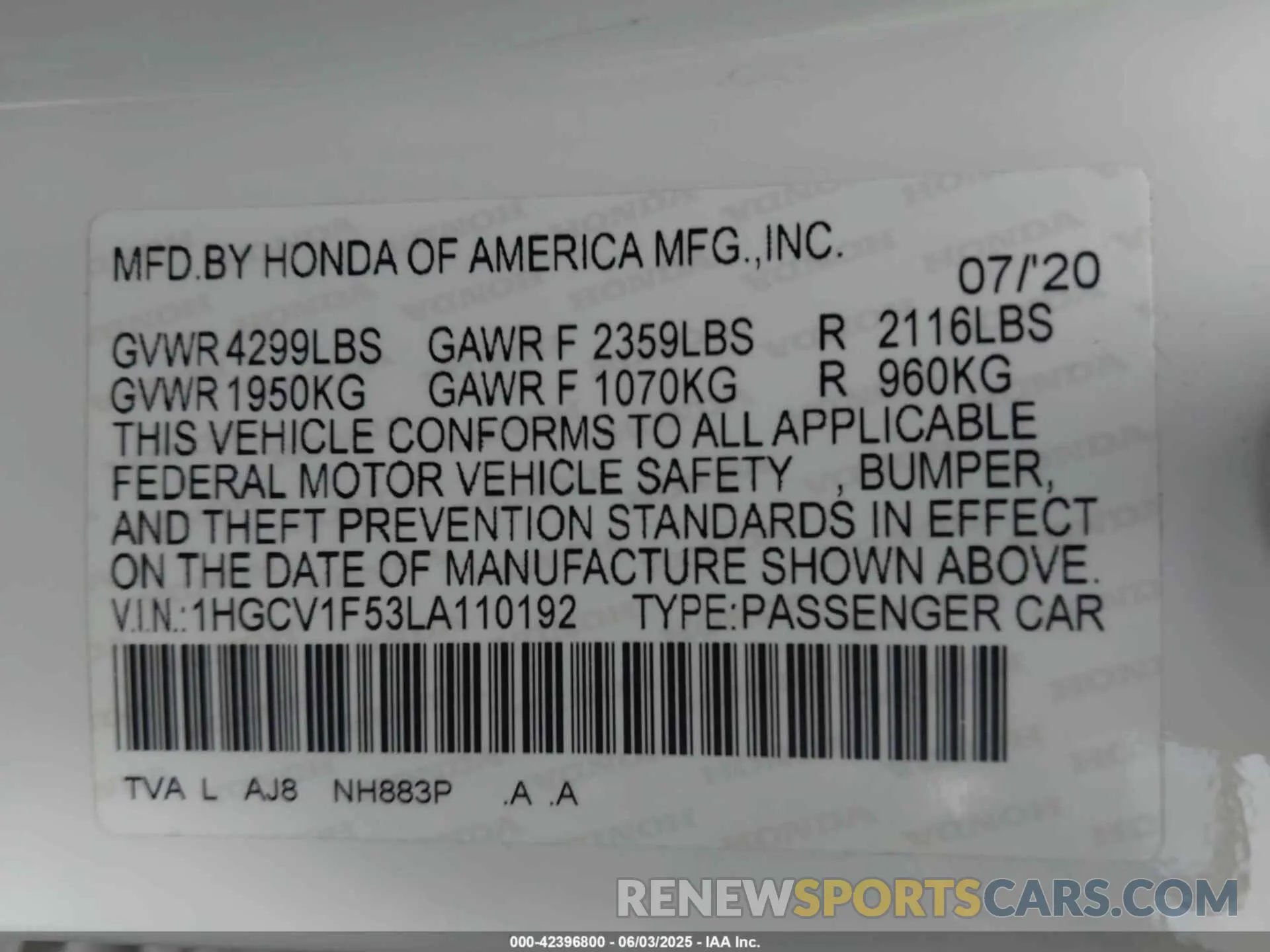 9 Photograph of a damaged car 1HGCV1F53LA110192 HONDA ACCORD 2020