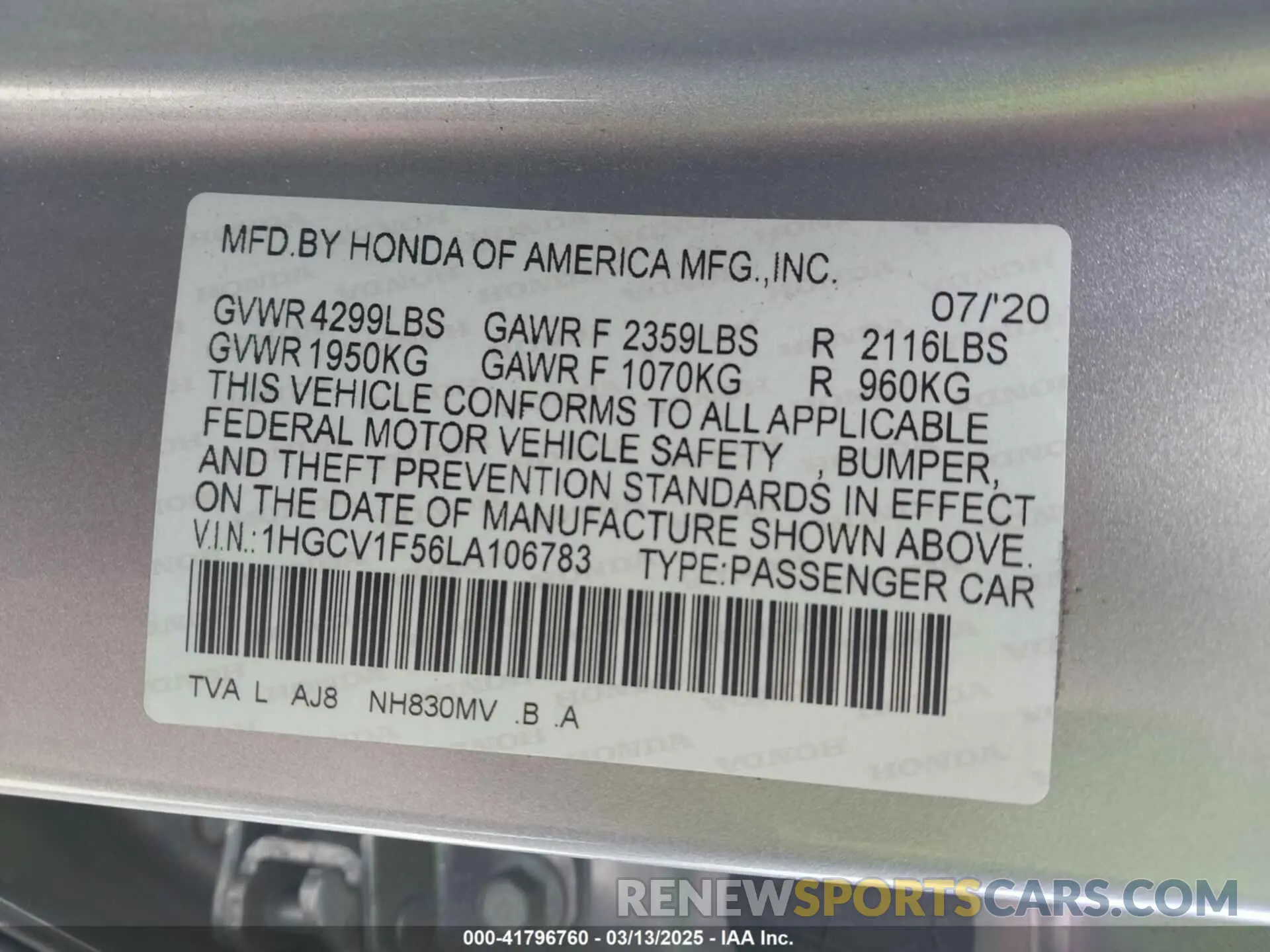 9 Photograph of a damaged car 1HGCV1F56LA106783 HONDA ACCORD 2020