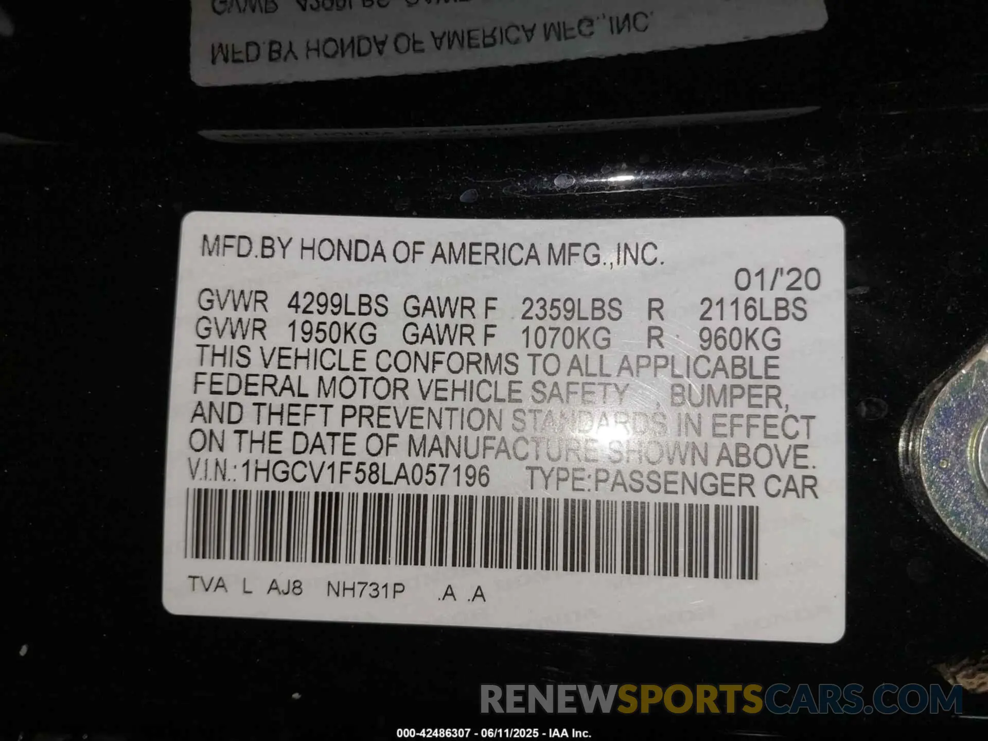 9 Photograph of a damaged car 1HGCV1F58LA057196 HONDA ACCORD 2020