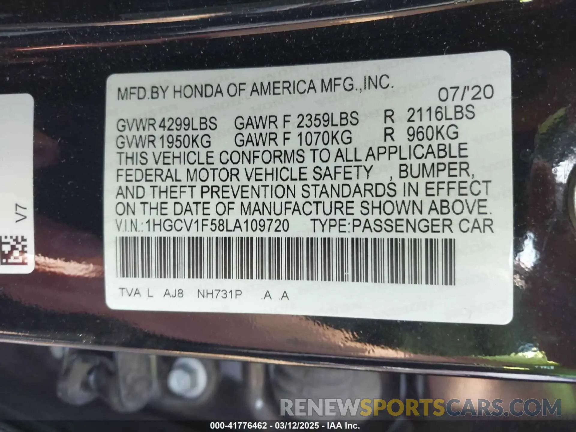 9 Photograph of a damaged car 1HGCV1F58LA109720 HONDA ACCORD 2020