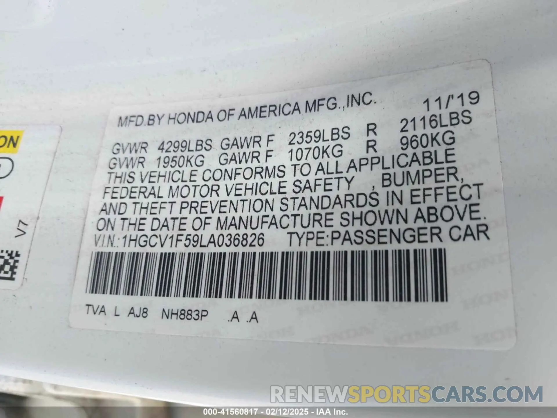 9 Photograph of a damaged car 1HGCV1F59LA036826 HONDA ACCORD 2020