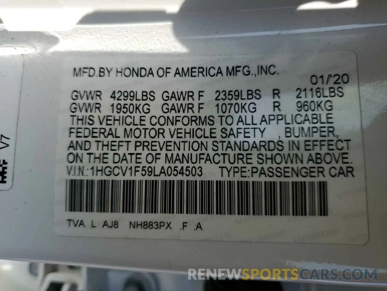 12 Photograph of a damaged car 1HGCV1F59LA054503 HONDA ACCORD 2020