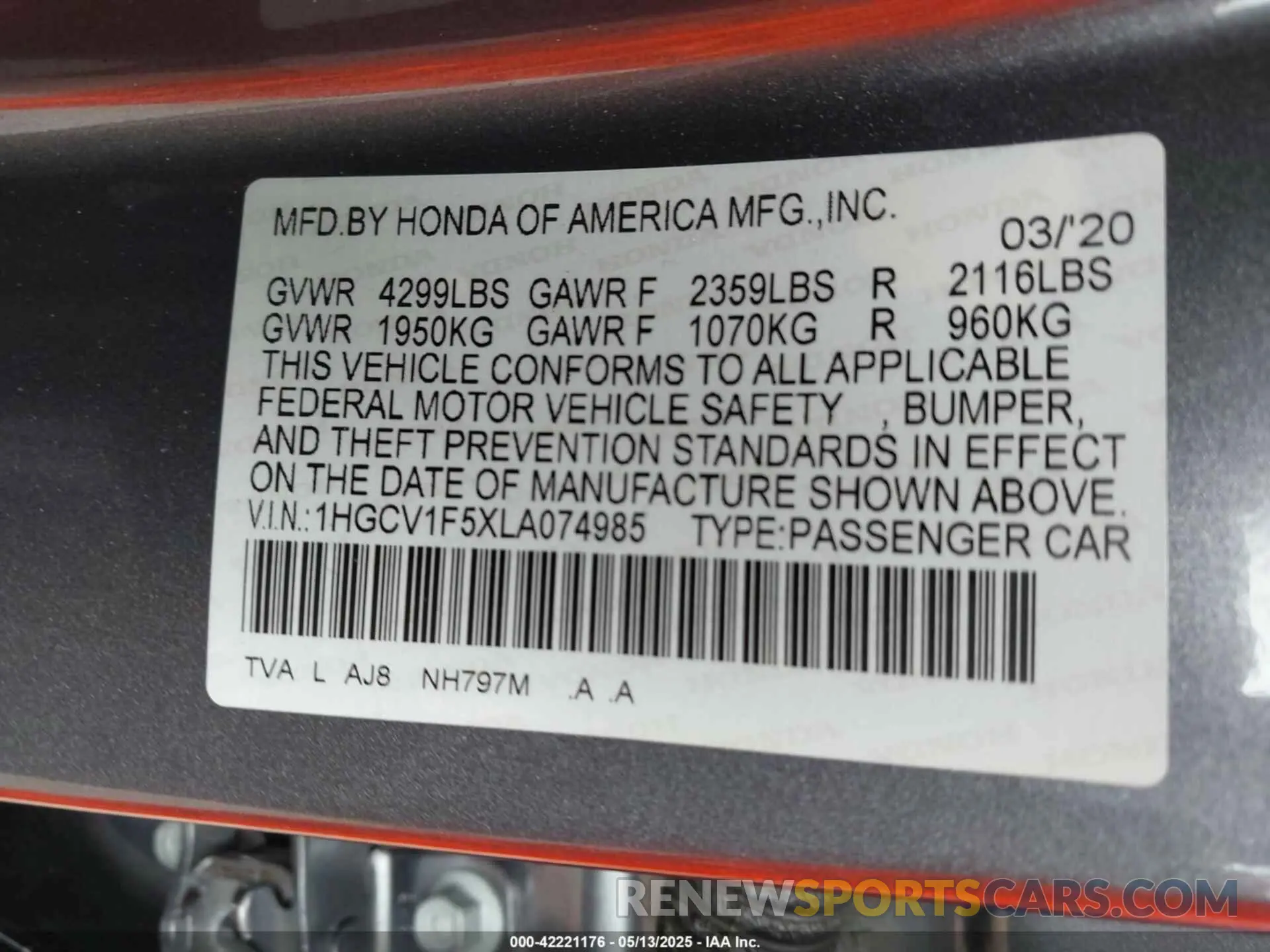 9 Photograph of a damaged car 1HGCV1F5XLA074985 HONDA ACCORD 2020