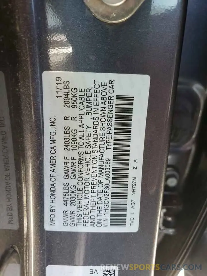 12 Photograph of a damaged car 1HGCV2F30LA003069 HONDA ACCORD 2020