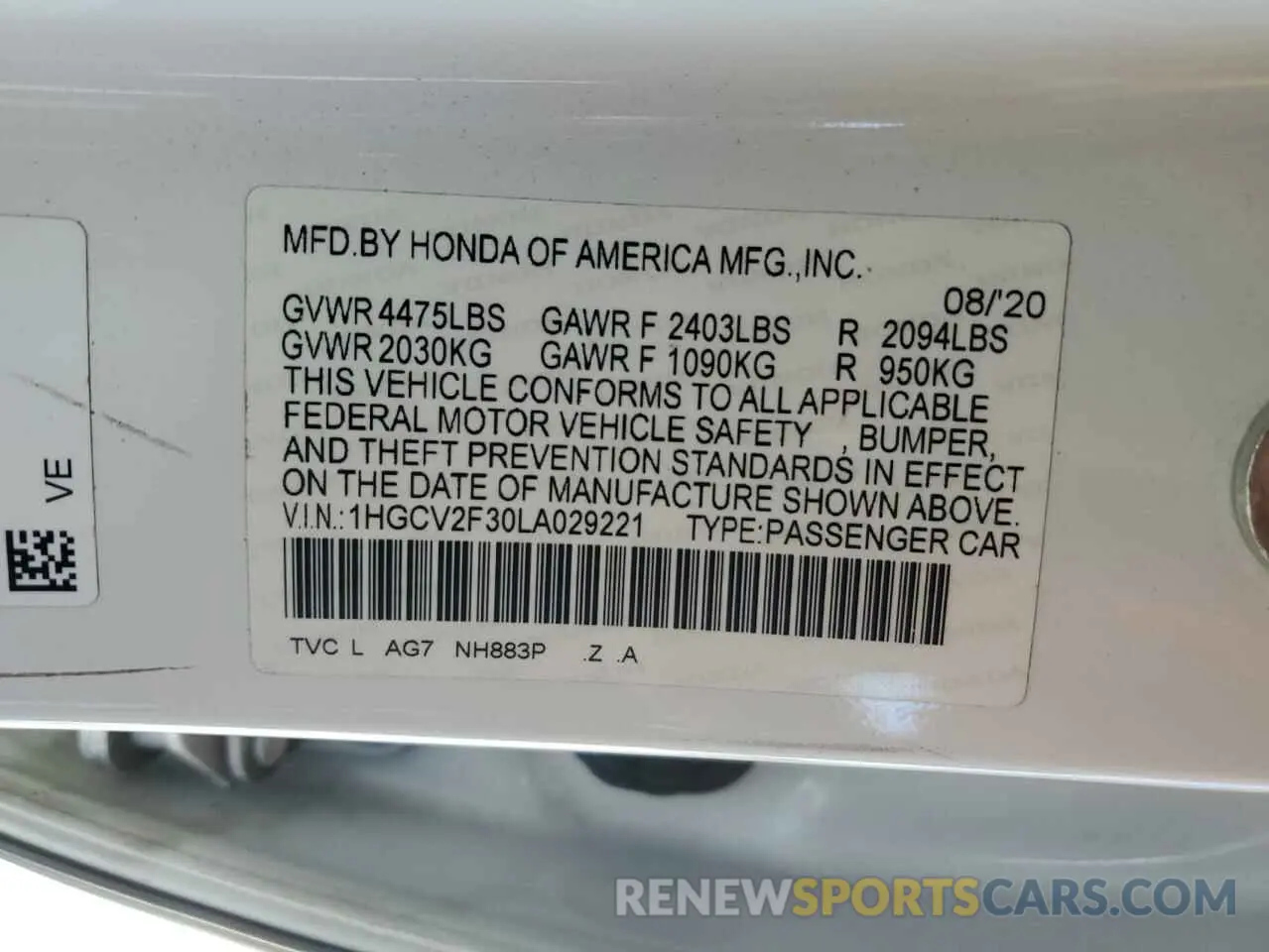 12 Photograph of a damaged car 1HGCV2F30LA029221 HONDA ACCORD 2020