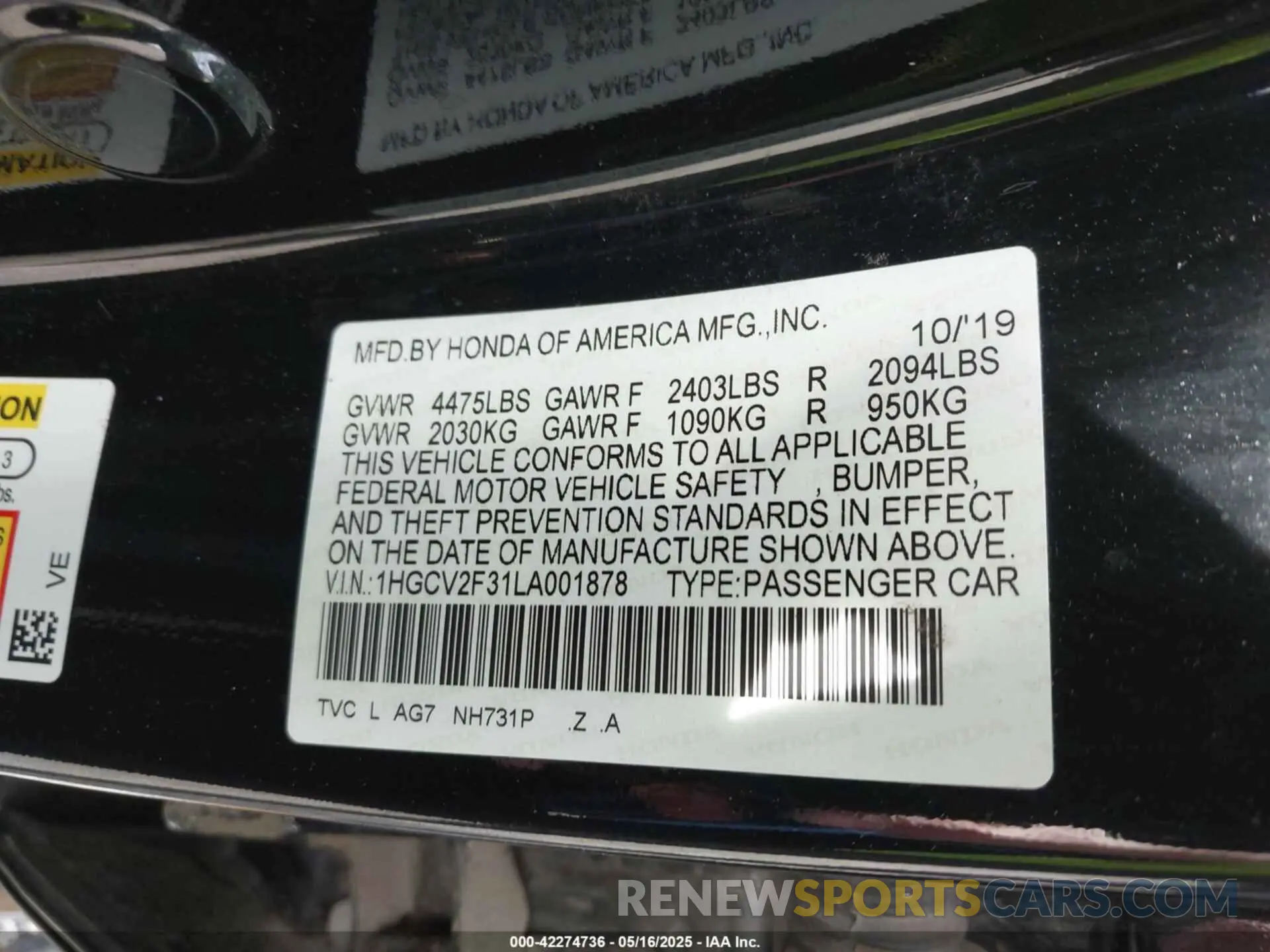 9 Photograph of a damaged car 1HGCV2F31LA001878 HONDA ACCORD 2020