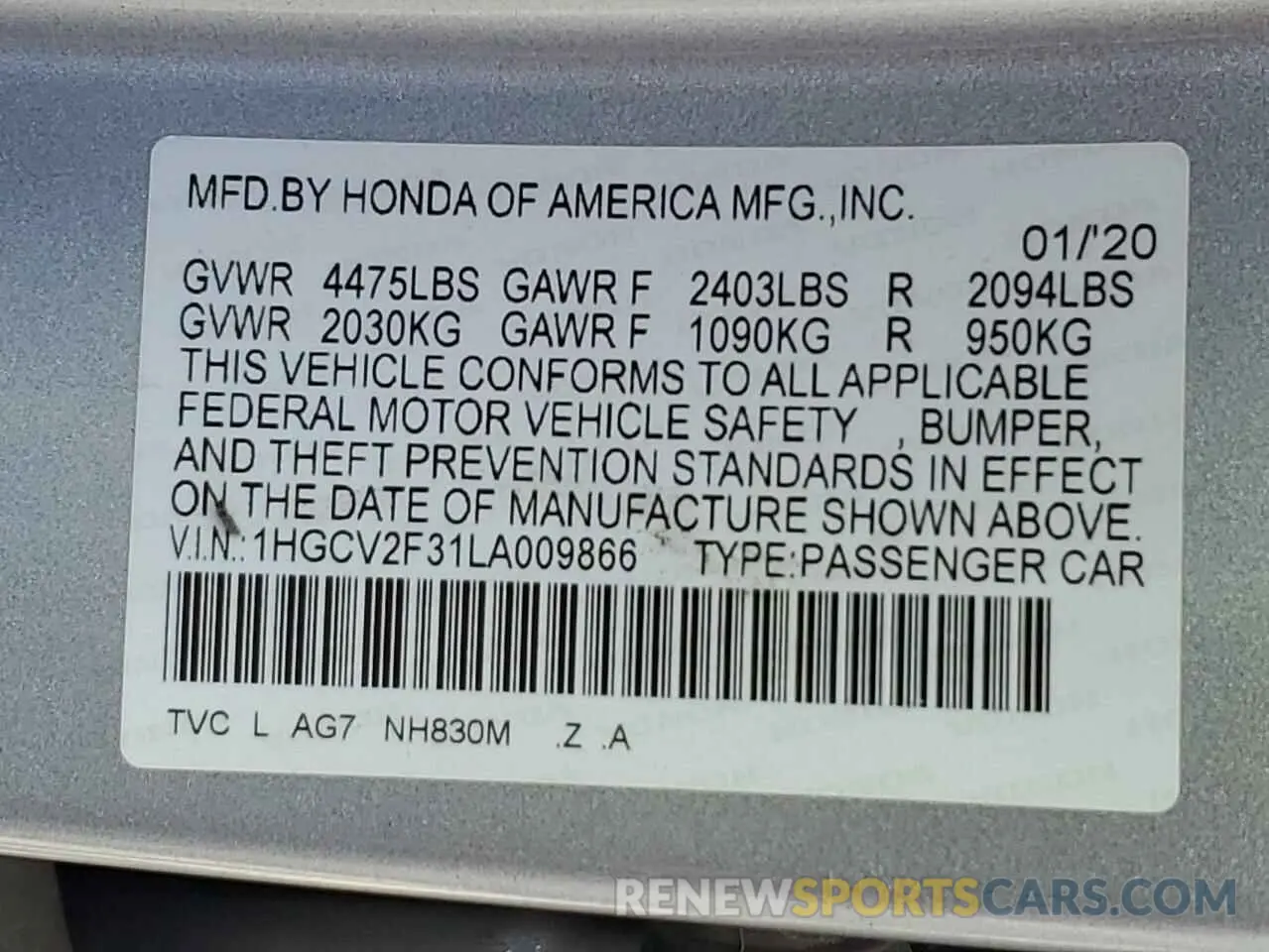 12 Photograph of a damaged car 1HGCV2F31LA009866 HONDA ACCORD 2020