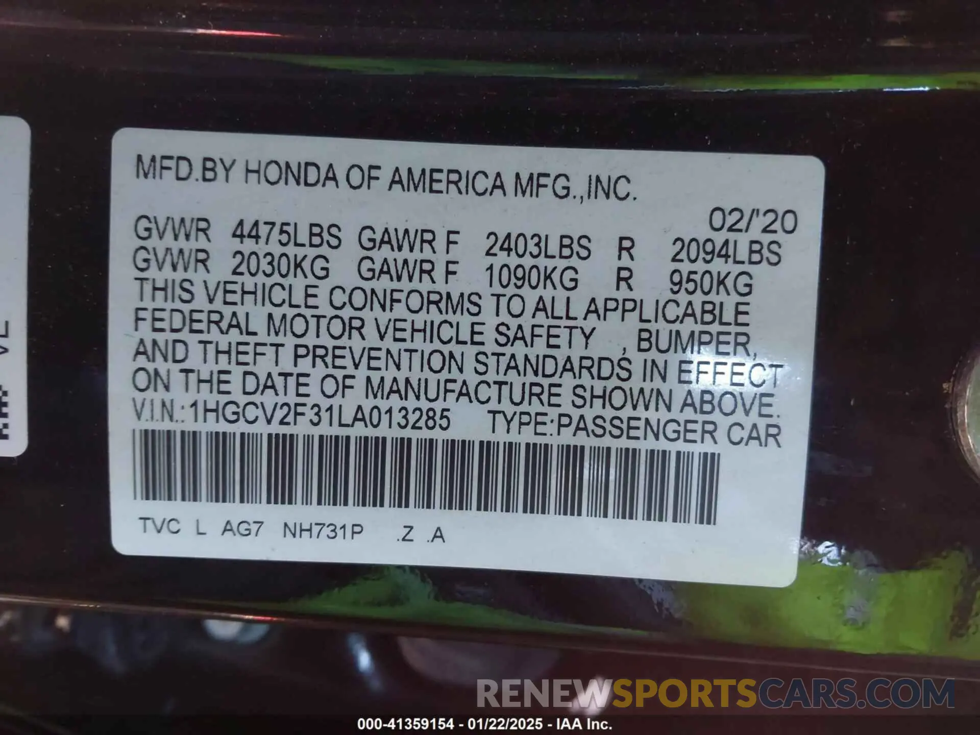 9 Photograph of a damaged car 1HGCV2F31LA013285 HONDA ACCORD 2020