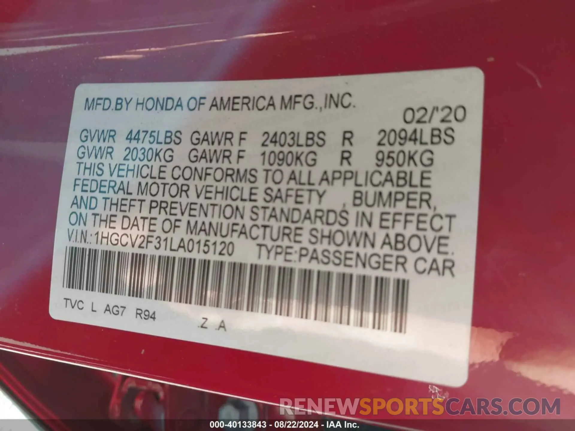 9 Photograph of a damaged car 1HGCV2F31LA015120 HONDA ACCORD 2020