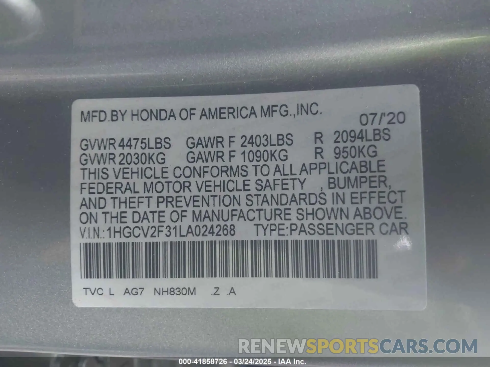 9 Photograph of a damaged car 1HGCV2F31LA024268 HONDA ACCORD 2020