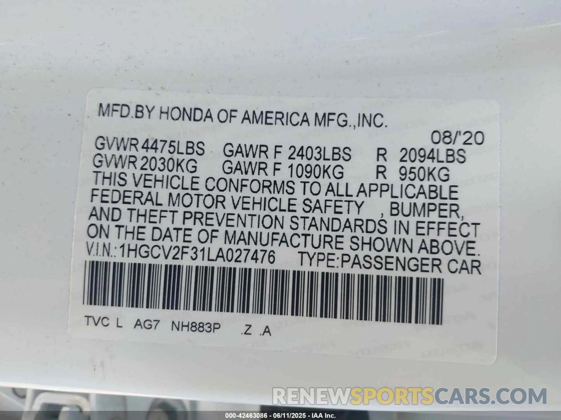 9 Photograph of a damaged car 1HGCV2F31LA027476 HONDA ACCORD 2020