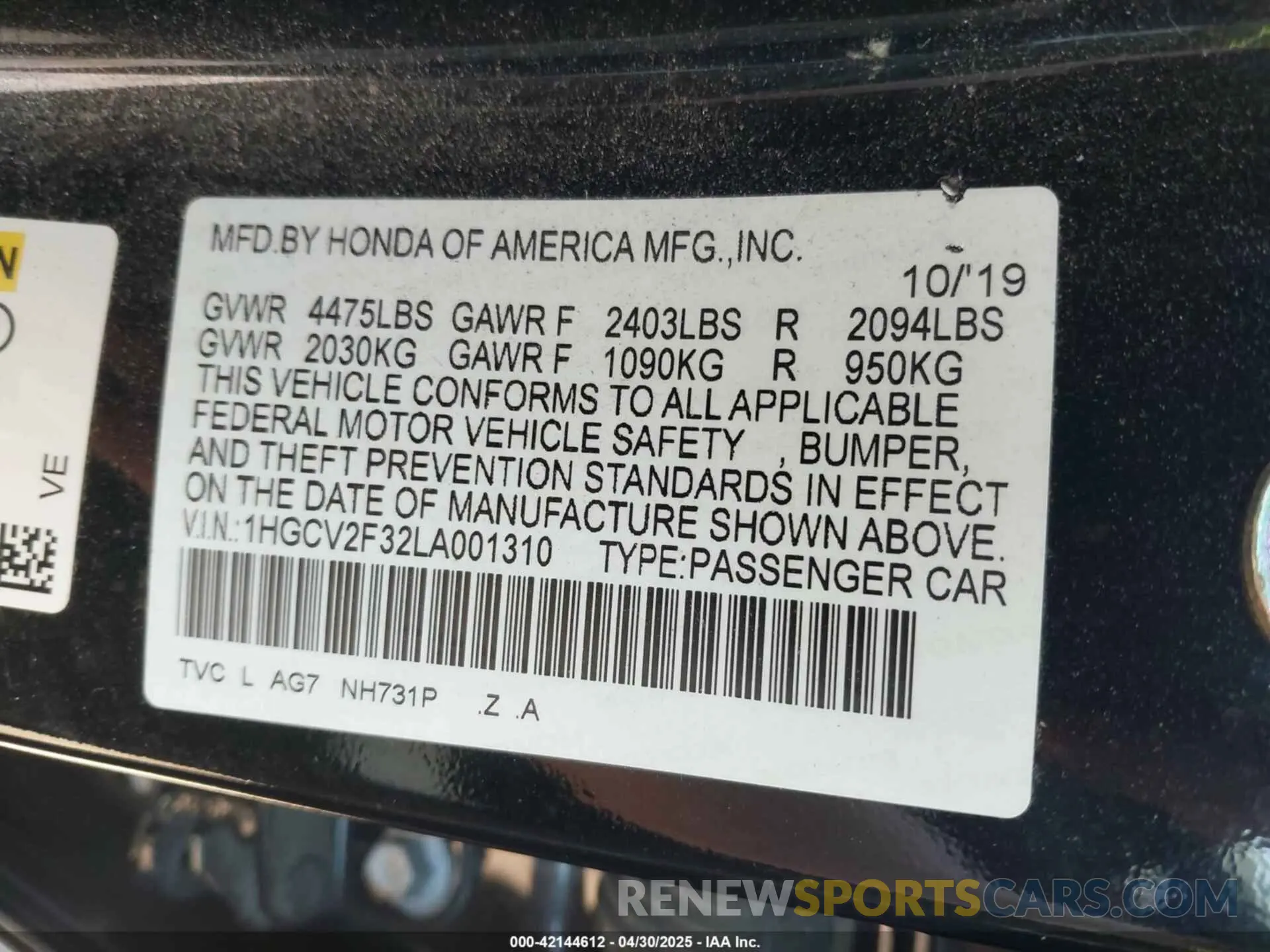 9 Photograph of a damaged car 1HGCV2F32LA001310 HONDA ACCORD 2020