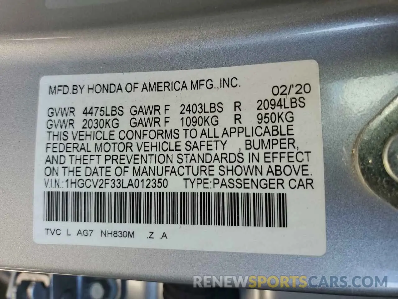 13 Photograph of a damaged car 1HGCV2F33LA012350 HONDA ACCORD 2020
