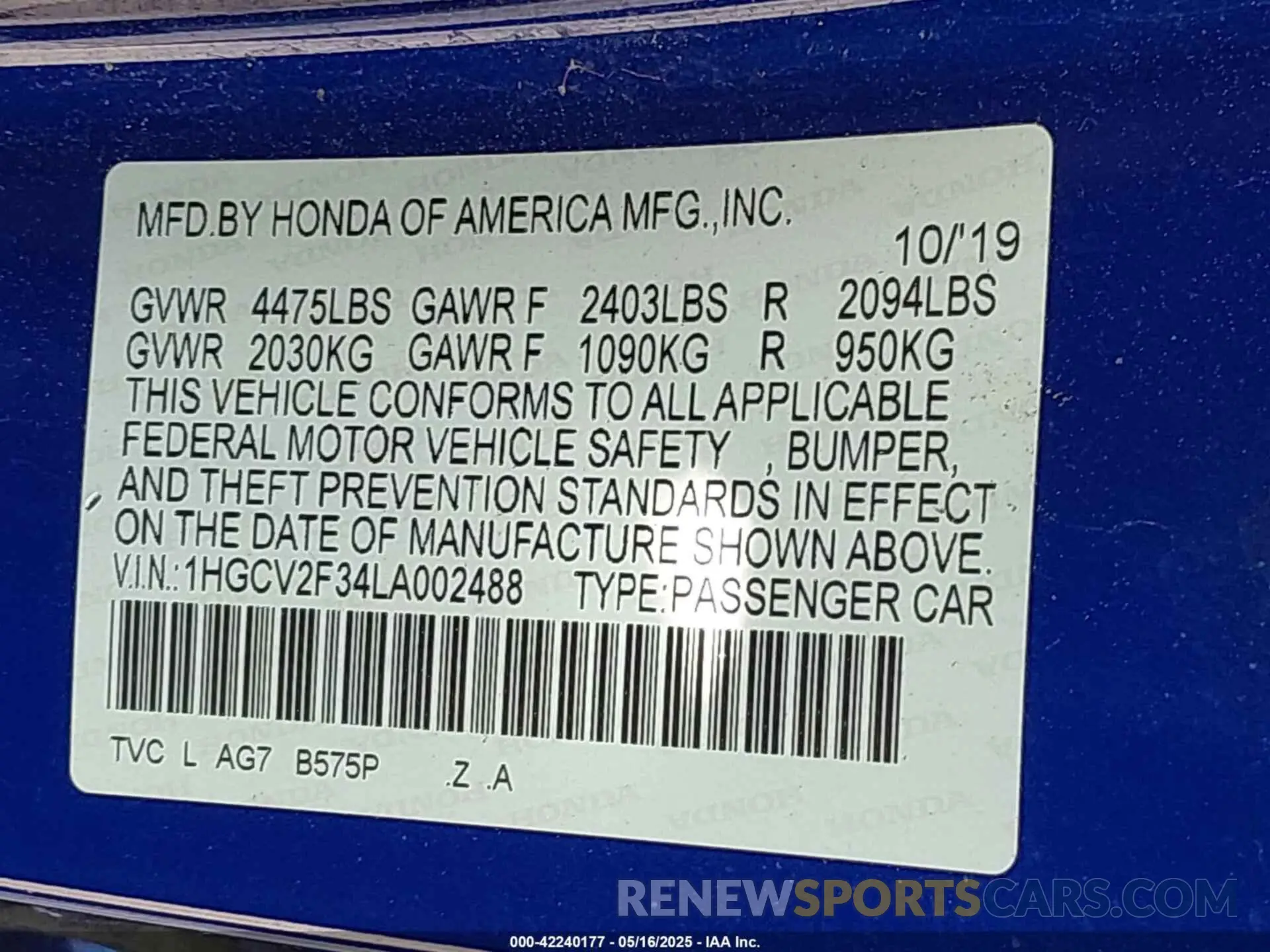 9 Photograph of a damaged car 1HGCV2F34LA002488 HONDA ACCORD 2020