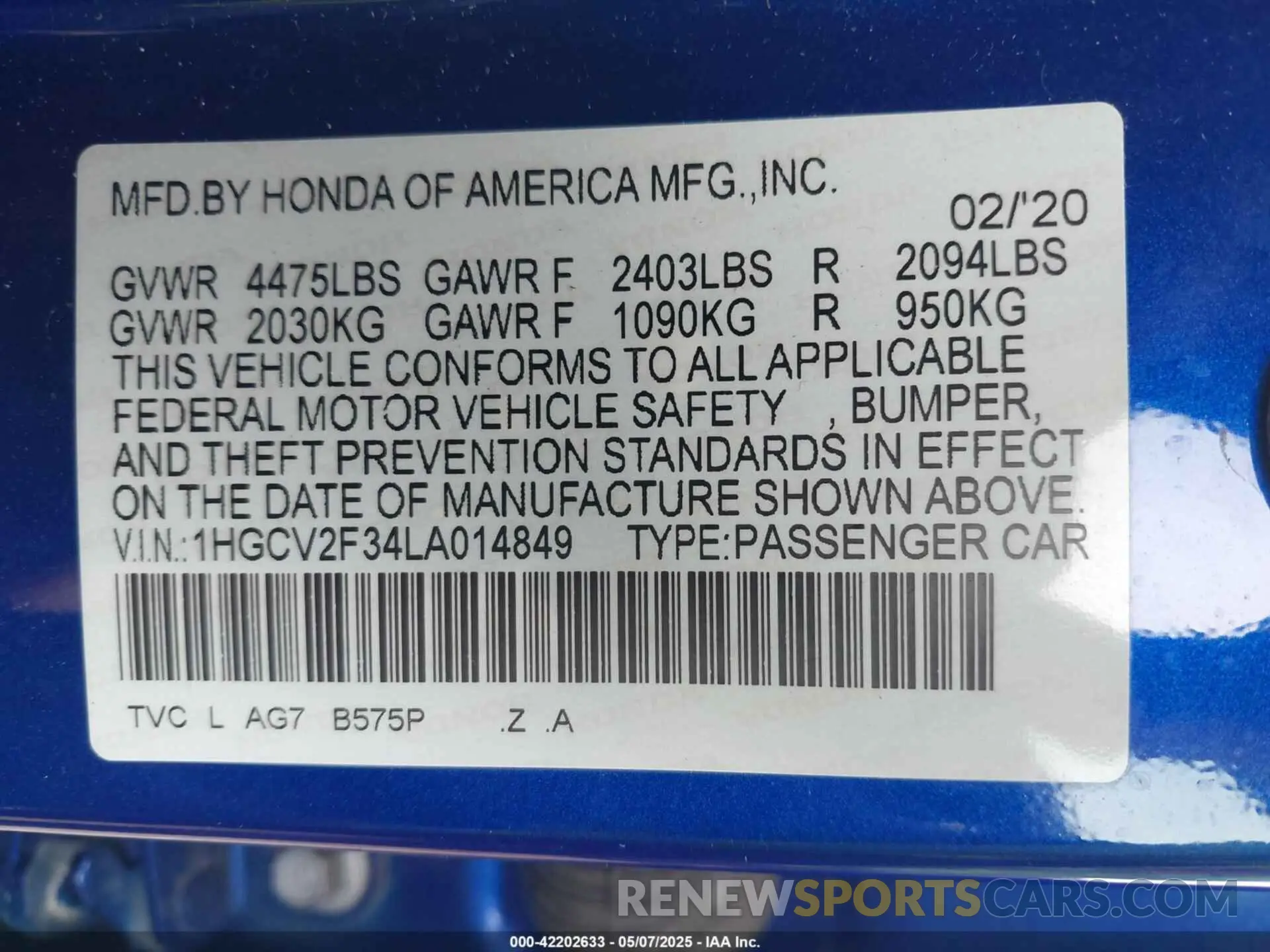9 Photograph of a damaged car 1HGCV2F34LA014849 HONDA ACCORD 2020