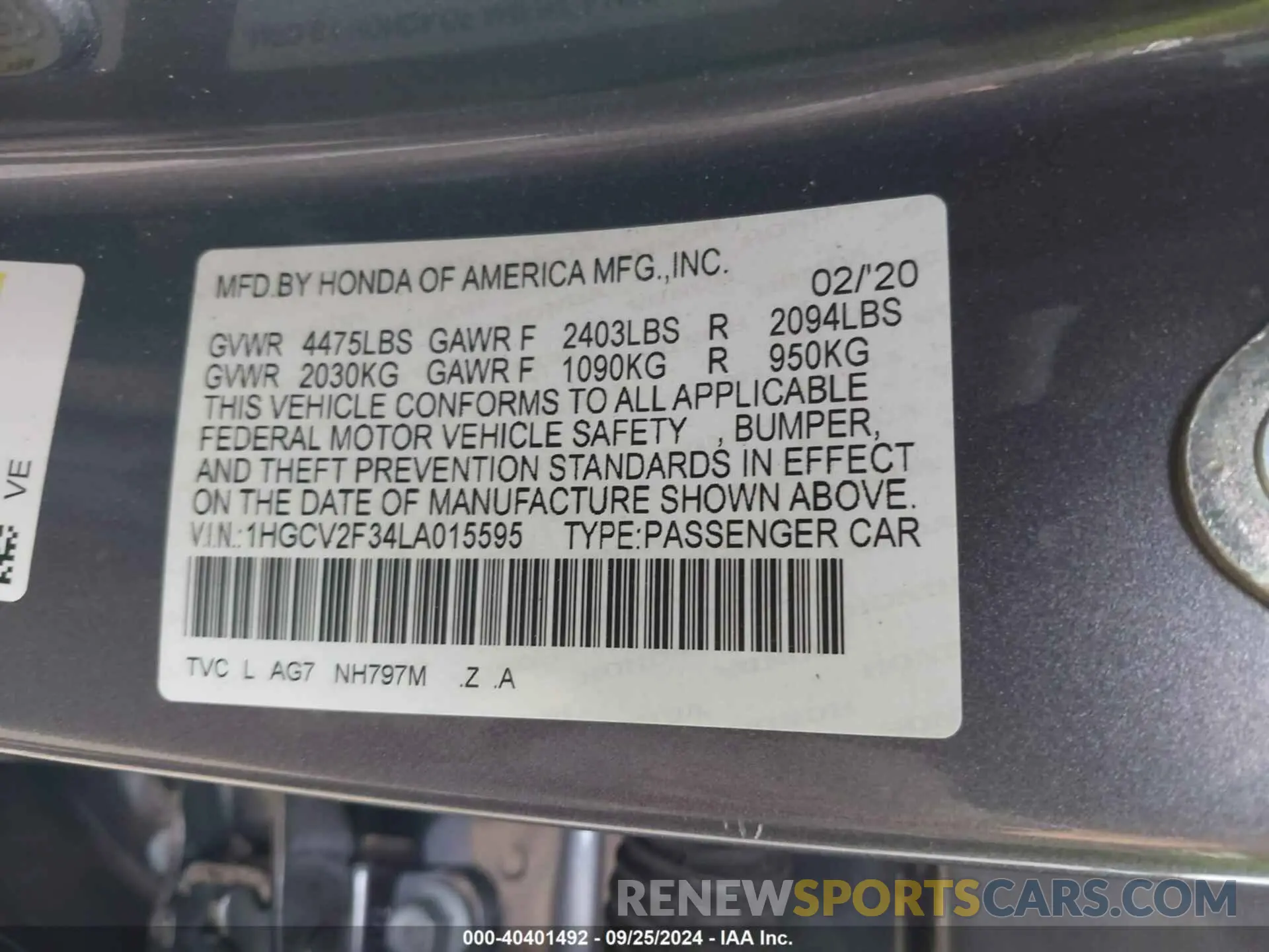 9 Photograph of a damaged car 1HGCV2F34LA015595 HONDA ACCORD 2020