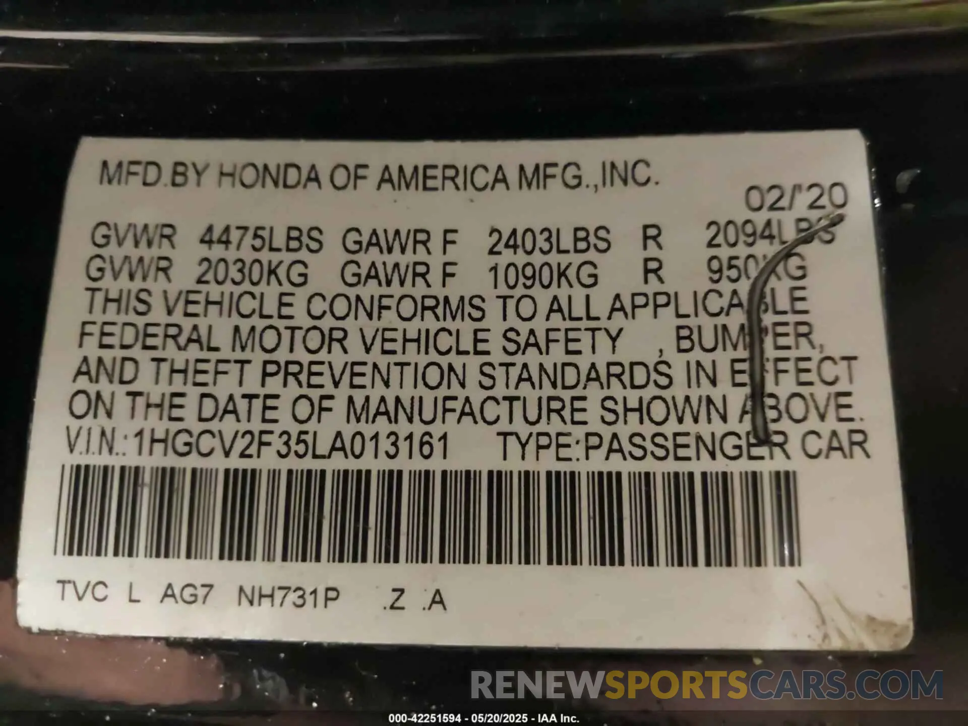 9 Photograph of a damaged car 1HGCV2F35LA013161 HONDA ACCORD 2020
