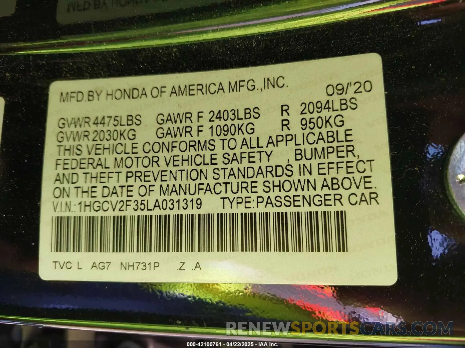 9 Photograph of a damaged car 1HGCV2F35LA031319 HONDA ACCORD 2020
