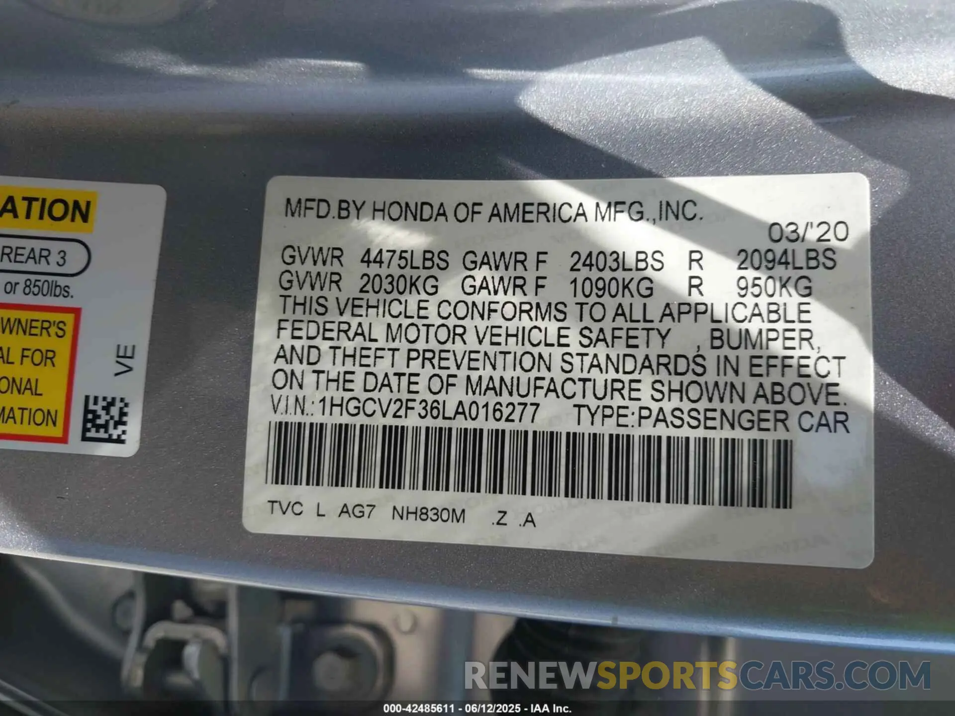 9 Photograph of a damaged car 1HGCV2F36LA016277 HONDA ACCORD 2020