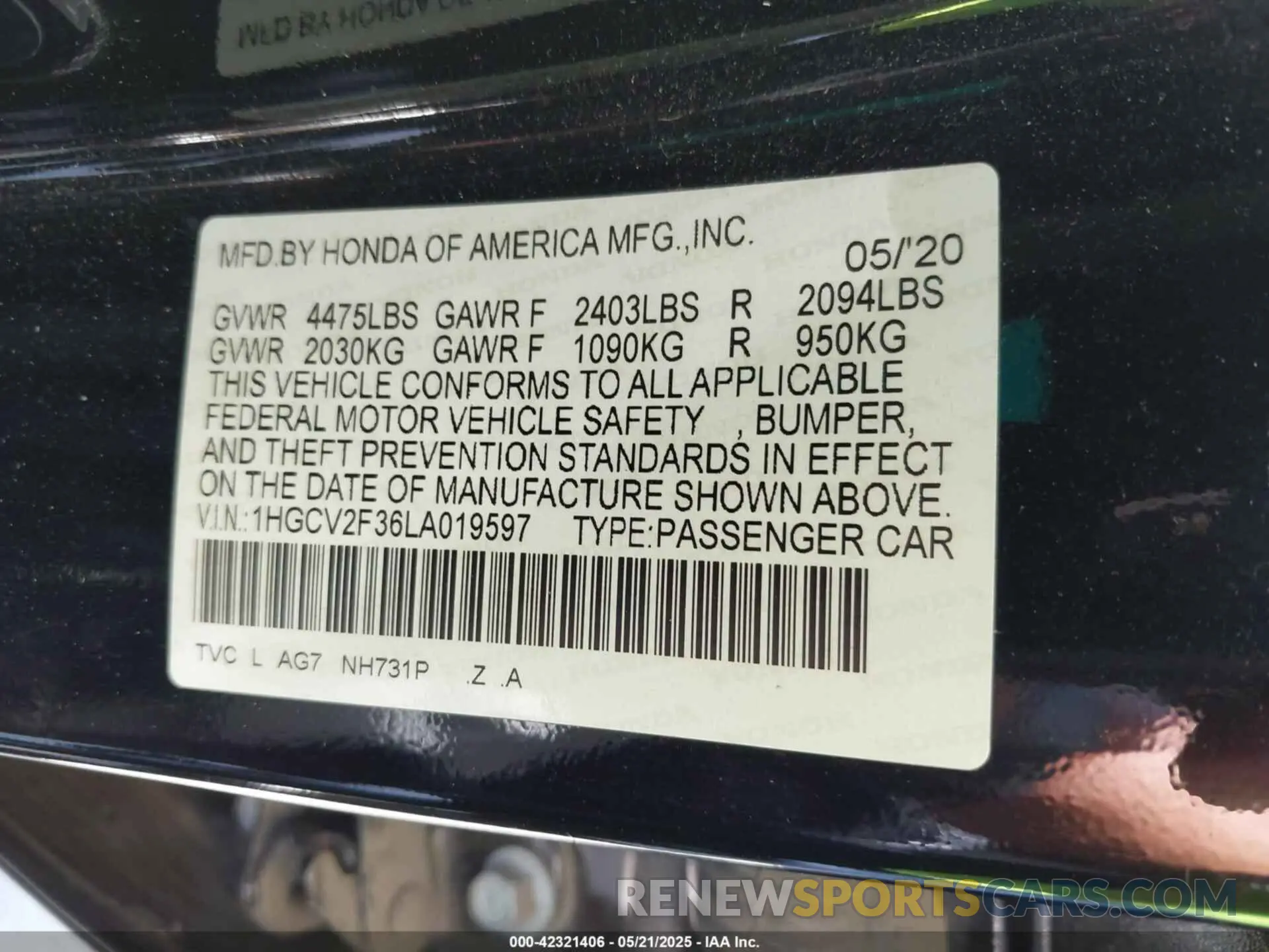 9 Photograph of a damaged car 1HGCV2F36LA019597 HONDA ACCORD 2020