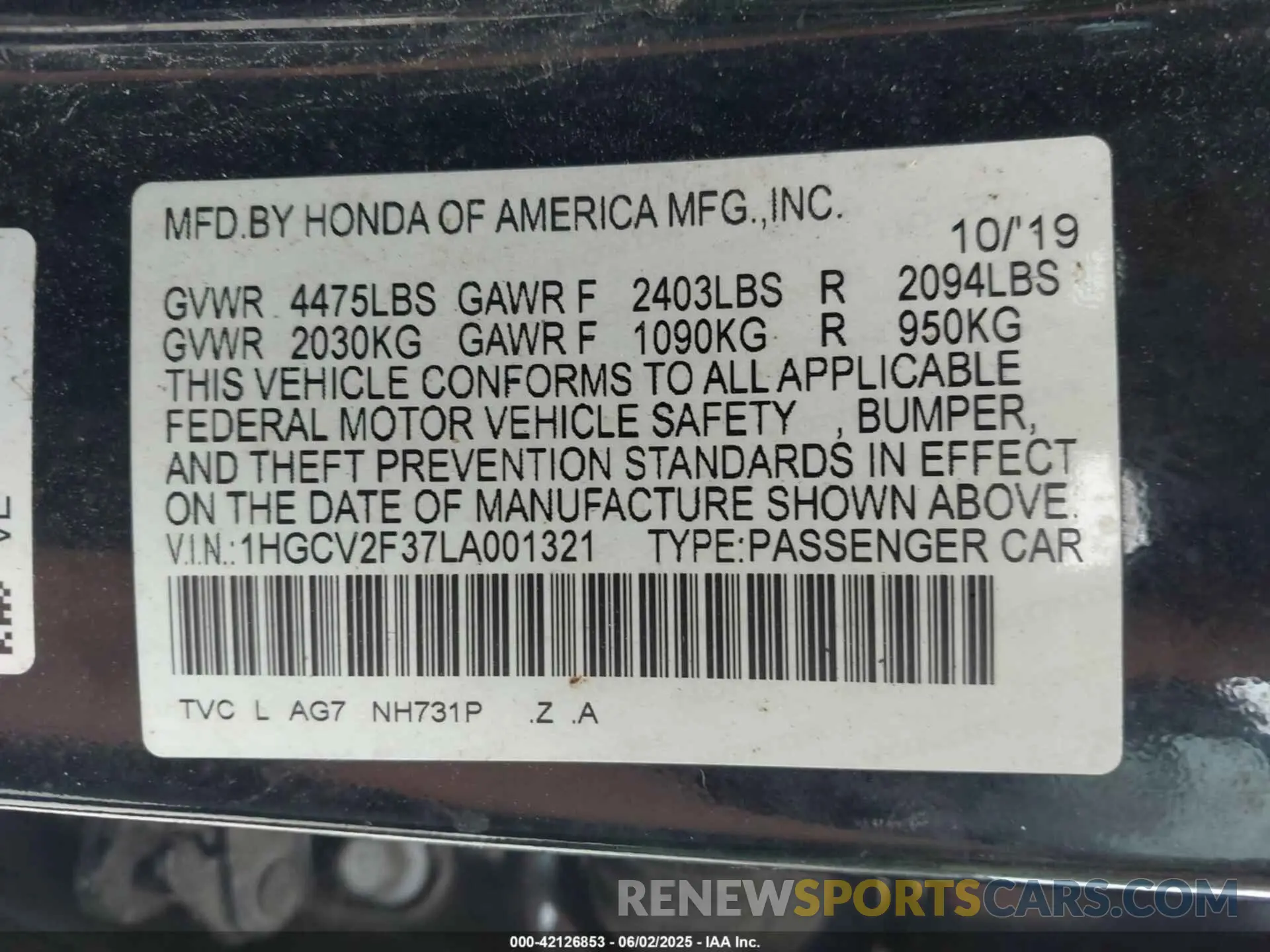 9 Photograph of a damaged car 1HGCV2F37LA001321 HONDA ACCORD 2020