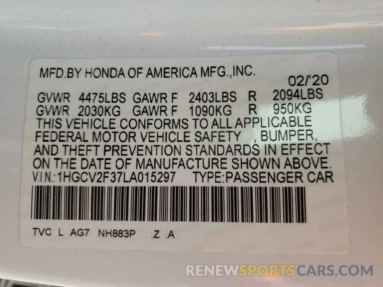 12 Photograph of a damaged car 1HGCV2F37LA015297 HONDA ACCORD 2020