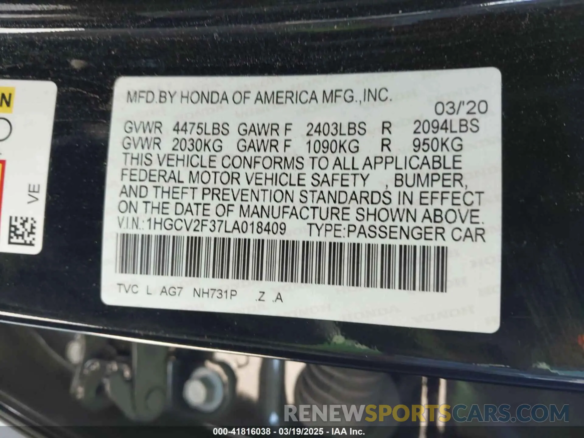 9 Photograph of a damaged car 1HGCV2F37LA018409 HONDA ACCORD 2020