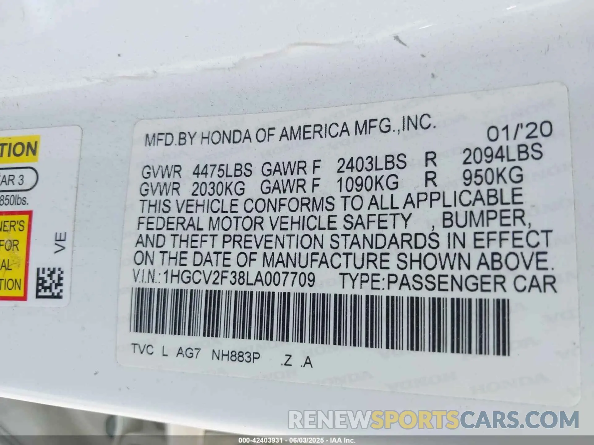 9 Photograph of a damaged car 1HGCV2F38LA007709 HONDA ACCORD 2020