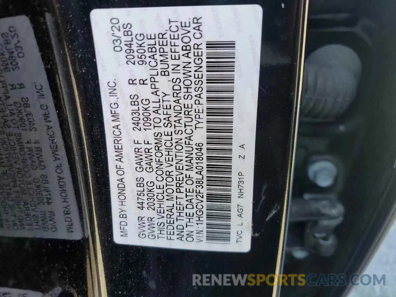 12 Photograph of a damaged car 1HGCV2F38LA018046 HONDA ACCORD 2020