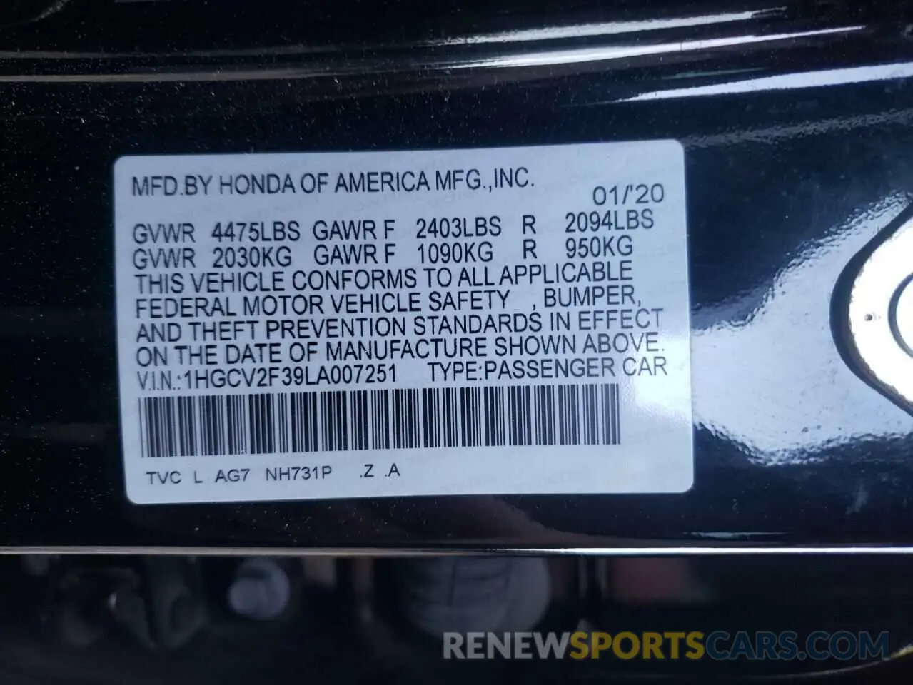 14 Photograph of a damaged car 1HGCV2F39LA007251 HONDA ACCORD 2020