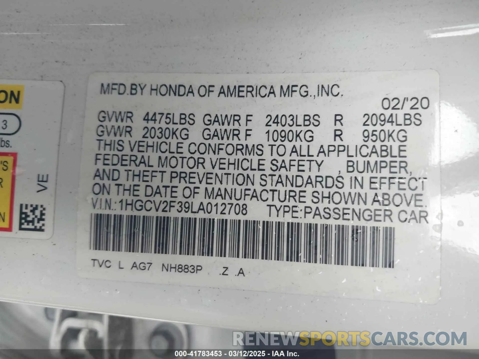 9 Photograph of a damaged car 1HGCV2F39LA012708 HONDA ACCORD 2020